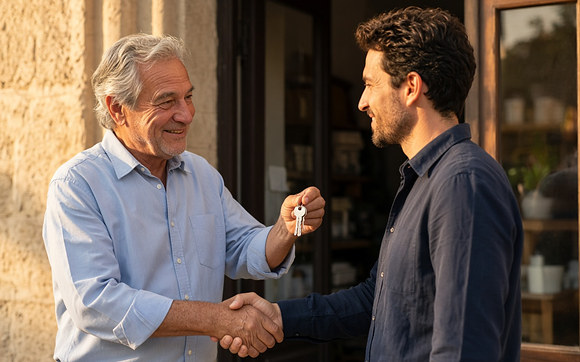 A retiring business owner handing his keys to his successor