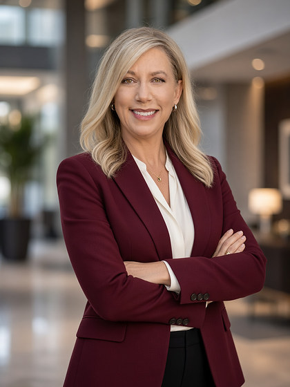Robin Lemon, arms crossed, in a wine blazer