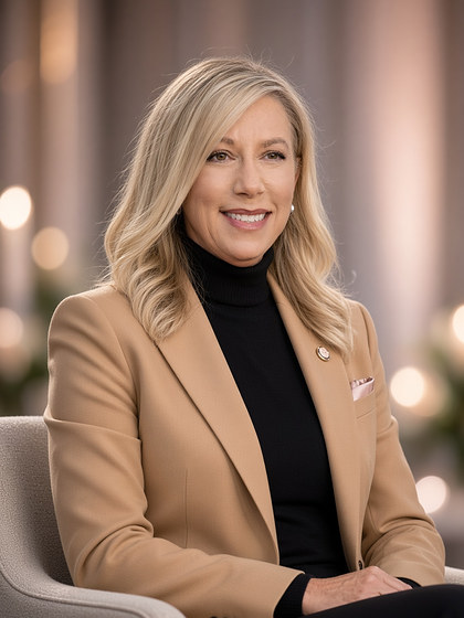 Robin Lemon, smiling, seated in a camel blazer