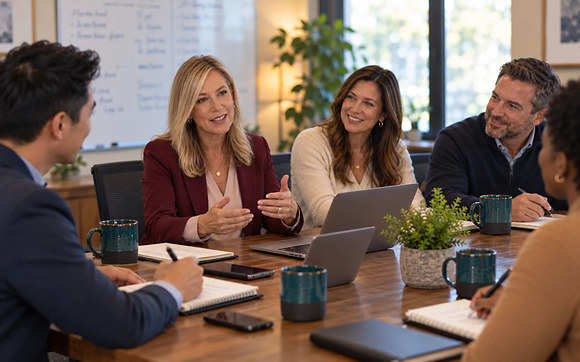 Robin coaching a team around a conference table